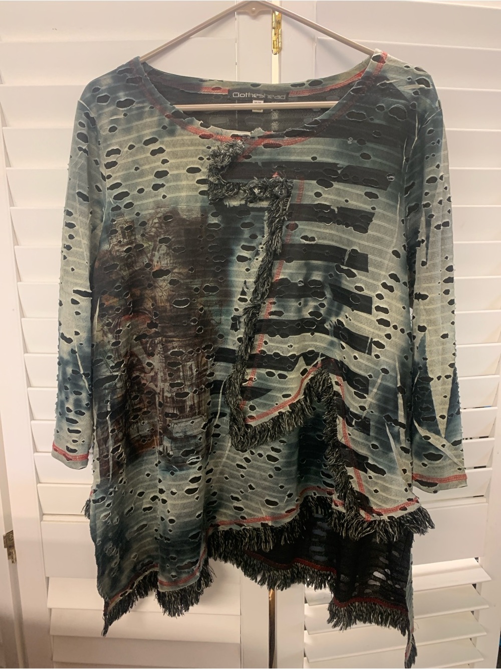cut loose Teal and Black Distressed Fringe Knit Tunic